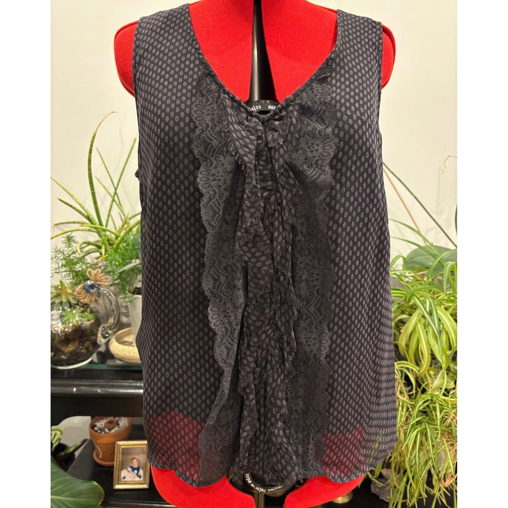 Noa Noa Womens Black Dotted Ruffle V Neck Sleeveless Chiffon Viscose  Size Large